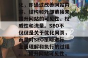 SEO是指搜索引擎优化，即通过改善网站内容、结构和外部链接来提升网站的可见性、权威性和流量。SEO不仅仅是关于优化网页，而是对SEO策略进行全面理解和执行的过程。，提升网站可见性，SEO全攻略