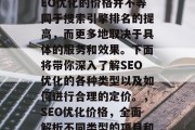 SEO优化多少钱?SEO优化的价格并不等同于搜索引擎排名的提高,而更多地取决于具体的服务和效果。下面将带你深入了解SEO优化的各种类型以及如何进行合理的定价。,SEO优化价格,全面解析不同类型的项目和服务 SEO优化多少钱?SEO优化的价格并不等同于搜索引擎排名的提高,而更多地取决于具体的服务和效果。下面将带你深入了解SEO优化的各种类型以及如何进行合理的定价。,SEO优化价格,全面解析不同类型的项目和服务