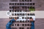 在当今的数字化时代中,网站的搜索引擎优化(SEO)已成为企业网络营销策略中的重要组成部分。如何理解搜索引擎优化(SEO),以及如何进行有效的SEO分析,并以实现企业的长期成功为目标?以下是一些关键点。,SEO,理解、优化和提升搜索引擎排名的关键因素 在当今的数字化时代中,网站的搜索引擎优化(SEO)已成为企业网络营销策略中的重要组成部分。如何理解搜索引擎优化(SEO),以及如何进行有效的SEO分析,并以实现企业的长期成功为目标?以下是一些关键点。,SEO,理解、优化和提升搜索引擎排名的关键因素