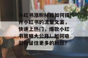 小红书涨粉秘籍如何提升小红书的流量文案,快速上热门,爆款小红书策略大公开!如何吸引和留住更多的粉丝? 小红书涨粉秘籍如何提升小红书的流量文案,快速上热门,爆款小红书策略大公开!如何吸引和留住更多的粉丝?