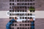 SEO是一个过程，它涉及了解你的目标用户是谁，他们的需求是什么，以及如何有效地在搜索引擎中排名。要提高SEO网站的流量和转化率，你需要采取一些策略。，挖掘目标用户需求，优化搜索引擎排名，提高网站流量与转化策略