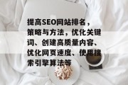 提高SEO网站排名,策略与方法,优化关键词、创建高质量内容、优化网页速度、使用搜索引擎算法等 提高SEO网站排名,策略与方法,优化关键词、创建高质量内容、优化网页速度、使用搜索引擎算法等