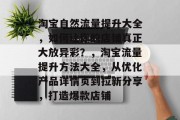 淘宝自然流量提升大全,如何让你的店铺真正大放异彩?,淘宝流量提升方法大全,从优化产品详情页到拉新分享,打造爆款店铺 淘宝自然流量提升大全,如何让你的店铺真正大放异彩?,淘宝流量提升方法大全,从优化产品详情页到拉新分享,打造爆款店铺