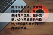 提升流量方法,优化网站结构和设计,吸引并保持用户流量,提升流量,优化网站结构与设计, 组织吸引用户的内容和策略 提升流量方法,优化网站结构和设计,吸引并保持用户流量,提升流量,优化网站结构与设计, 组织吸引用户的内容和策略