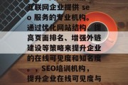 SEO顾问网站是指为互联网企业提供 seo 服务的专业机构。通过优化网站结构、提高页面排名、增强外链建设等策略来提升企业的在线可见度和知名度。,SEO培训机构,提升企业在线可见度与知名度的捷径 SEO顾问网站是指为互联网企业提供 seo 服务的专业机构。通过优化网站结构、提高页面排名、增强外链建设等策略来提升企业的在线可见度和知名度。,SEO培训机构,提升企业在线可见度与知名度的捷径