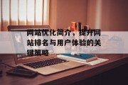 网站优化简介,提升网站排名与用户体验的关键策略 网站优化简介,提升网站排名与用户体验的关键策略