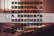 SEO(搜索引擎优化)是指通过一系列的技术手段提高网站在搜索引擎结果中的排名。这项工作需要结合用户行为、内容质量和用户体验等因素进行综合优化,以实现最有效的提升网站流量和转化率的目的。,SEO优化,提升网站排名的策略及技巧 SEO(搜索引擎优化)是指通过一系列的技术手段提高网站在搜索引擎结果中的排名。这项工作需要结合用户行为、内容质量和用户体验等因素进行综合优化,以实现最有效的提升网站流量和转化率的目的。,SEO优化,提升网站排名的策略及技巧