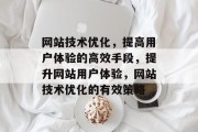 网站技术优化，提高用户体验的高效手段，提升网站用户体验，网站技术优化的有效策略