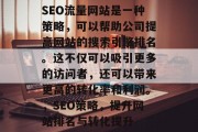 SEO流量网站是一种策略,可以帮助公司提高网站的搜索引擎排名。这不仅可以吸引更多的访问者,还可以带来更高的转化率和利润。,SEO策略,提升网站排名与转化提升 SEO流量网站是一种策略,可以帮助公司提高网站的搜索引擎排名。这不仅可以吸引更多的访问者,还可以带来更高的转化率和利润。,SEO策略,提升网站排名与转化提升