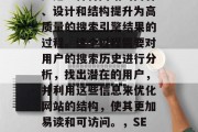 SEO(搜索引擎优化)是一种将网站的内容、设计和结构提升为高质量的搜索引擎结果的过程。这个过程需要对用户的搜索历史进行分析,找出潜在的用户,并利用这些信息来优化网站的结构,使其更加易读和可访问。,SEO优化,网站结构重塑策略 SEO(搜索引擎优化)是一种将网站的内容、设计和结构提升为高质量的搜索引擎结果的过程。这个过程需要对用户的搜索历史进行分析,找出潜在的用户,并利用这些信息来优化网站的结构,使其更加易读和可访问。,SEO优化,网站结构重塑策略