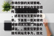 SEO优化推广网站是提升在线竞争力、扩大市场份额的关键策略。通过优化网站内容和结构,提高搜索引擎排名,进而增加流量和转化率。下面是一些关键词关键词优化推广网站的建议。,搜索引擎优化提升网站竞争力,优化关键词策略可助扩大市场份额 SEO优化推广网站是提升在线竞争力、扩大市场份额的关键策略。通过优化网站内容和结构,提高搜索引擎排名,进而增加流量和转化率。下面是一些关键词关键词优化推广网站的建议。,搜索引擎优化提升网站竞争力,优化关键词策略可助扩大市场份额