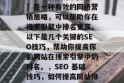 SEO（搜索引擎优化）是一种有效的网络营销策略，可以帮助你在搜索引擎中排名更高。以下是几个关键的SEO技巧，帮助你提高你的网站在搜索引擎中的排名。，SEO 基础技巧，如何提高网站排名?