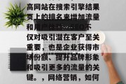SEO(搜索引擎优化)是一种策略,通过提高网站在搜索引擎结果页上的排名来增加流量和用户体验。SEO不仅对吸引潜在客户至关重要,也是企业获得市场份额、提升品牌形象和吸引更多的流量的关键。,网络营销,如何通过SEO提升网站流量与用户体验 SEO(搜索引擎优化)是一种策略,通过提高网站在搜索引擎结果页上的排名来增加流量和用户体验。SEO不仅对吸引潜在客户至关重要,也是企业获得市场份额、提升品牌形象和吸引更多的流量的关键。,网络营销,如何通过SEO提升网站流量与用户体验