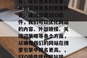 SEO插件网站可以帮助网站提高搜索引擎排名,吸引更多的流量,从而获得更多的销售机会。通过设置SEO插件,我们可以优化网站的内容、外部链接、关键词策略等各个方面,以确保我们的网站在搜索引擎中排名更高。,SEO插件提升网站排名,让你的网站更具竞争力