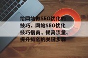 给网站做SEO优化的技巧,网站SEO优化技巧指南,提高流量、提升排名的关键步骤 给网站做SEO优化的技巧,网站SEO优化技巧指南,提高流量、提升排名的关键步骤