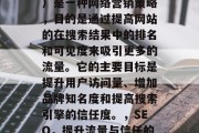 SEO（搜索引擎优化）是一种网络营销策略，目的是通过提高网站的在搜索结果中的排名和可见度来吸引更多的流量。它的主要目标是提升用户访问量、增加品牌知名度和提高搜索引擎的信任度。，SEO，提升流量与信任的关键策略