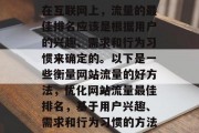 在互联网上,流量的最佳排名应该是根据用户的兴趣、需求和行为习惯来确定的。以下是一些衡量网站流量的好方法,优化网站流量最佳排名,基于用户兴趣、需求和行为习惯的方法 在互联网上,流量的最佳排名应该是根据用户的兴趣、需求和行为习惯来确定的。以下是一些衡量网站流量的好方法,优化网站流量最佳排名,基于用户兴趣、需求和行为习惯的方法