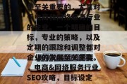 搜索引擎优化(SEO)对于任何企业来说都是至关重要的,尤其对于电商和网络服务行业的企业。一个明确的目标,专业的策略,以及定期的跟踪和调整都对企业的发展至关重要。,电商&网络服务行业SEO攻略,目标设定、策略制定与跟踪调整策略 搜索引擎优化(SEO)对于任何企业来说都是至关重要的,尤其对于电商和网络服务行业的企业。一个明确的目标,专业的策略,以及定期的跟踪和调整都对企业的发展至关重要。,电商&网络服务行业SEO攻略,目标设定、策略制定与跟踪调整策略