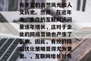 焦作是一个位于河南省焦作市的旅游城市,拥有丰富的自然风光和人文历史。然而,在近年来,焦作的互联网访问量逐年增长,这对于企业的网络营销也产生了影响。因此,有效的网站优化策略显得尤为重要。,互联网增长对焦作企业网络营销的影响及策略分析 焦作是一个位于河南省焦作市的旅游城市,拥有丰富的自然风光和人文历史。然而,在近年来,焦作的互联网访问量逐年增长,这对于企业的网络营销也产生了影响。因此,有效的网站优化策略显得尤为重要。,互联网增长对焦作企业网络营销的影响及策略分析