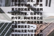 广西网站流量是指通过网络访问、浏览、搜索、下载等活动,对广西某个地区或某个行业网站的访问量。在数字化的今天,网站流量已经成为影响广西经济发展的重要因素之一。,广西网站流量与经济,互联网时代对企业流量的影响 广西网站流量是指通过网络访问、浏览、搜索、下载等活动,对广西某个地区或某个行业网站的访问量。在数字化的今天,网站流量已经成为影响广西经济发展的重要因素之一。,广西网站流量与经济,互联网时代对企业流量的影响