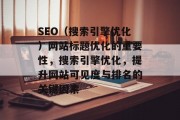 SEO(搜索引擎优化)网站标题优化的重要性,搜索引擎优化,提升网站可见度与排名的关键因素 SEO(搜索引擎优化)网站标题优化的重要性,搜索引擎优化,提升网站可见度与排名的关键因素