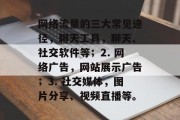 网络流量的三大常见途径,聊天工具,聊天、社交软件等;2. 网络广告,网站展示广告;3. 社交媒体,图片分享、视频直播等。 网络流量的三大常见途径,聊天工具,聊天、社交软件等;2. 网络广告,网站展示广告;3. 社交媒体,图片分享、视频直播等。