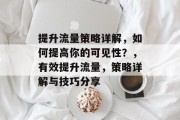 提升流量策略详解,如何提高你的可见性?,有效提升流量,策略详解与技巧分享 提升流量策略详解,如何提高你的可见性?,有效提升流量,策略详解与技巧分享