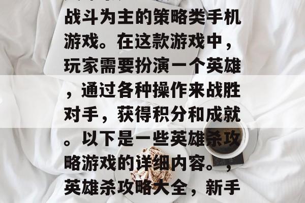 英雄杀是一款以2v2战斗为主的策略类手机游戏。在这款游戏中,玩家需要扮演一个英雄,通过各种操作来战胜对手,获得积分和成就。以下是一些英雄杀攻略游戏的详细内容。,英雄杀攻略大全,新手指南、技巧分享 英雄杀是一款以2v2战斗为主的策略类手机游戏。在这款游戏中,玩家需要扮演一个英雄,通过各种操作来战胜对手,获得积分和成就。以下是一些英雄杀攻略游戏的详细内容。,英雄杀攻略大全,新手指南、技巧分享