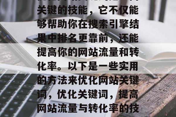 优化网站关键词是一门关键的技能,它不仅能够帮助你在搜索引擎结果中排名更靠前,还能提高你的网站流量和转化率。以下是一些实用的方法来优化网站关键词,优化关键词,提高网站流量与转化率的技巧 优化网站关键词是一门关键的技能,它不仅能够帮助你在搜索引擎结果中排名更靠前,还能提高你的网站流量和转化率。以下是一些实用的方法来优化网站关键词,优化关键词,提高网站流量与转化率的技巧
