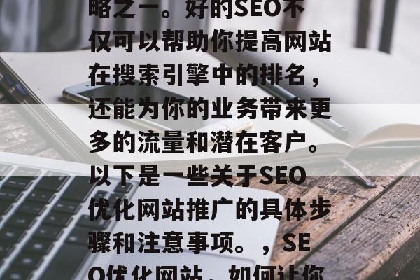 SEO优化网站推广是当前网络营销的重要策略之一。好的SEO不仅可以帮助你提高网站在搜索引擎中的排名,还能为你的业务带来更多的流量和潜在客户。以下是一些关于SEO优化网站推广的具体步骤和注意事项。,SEO优化网站,如何让你的网站获得更好的排名? SEO优化网站推广是当前网络营销的重要策略之一。好的SEO不仅可以帮助你提高网站在搜索引擎中的排名,还能为你的业务带来更多的流量和潜在客户。以下是一些关于SEO优化网站推广的具体步骤和注意事项。,SEO优化网站,如何让你的网站获得更好的排名?