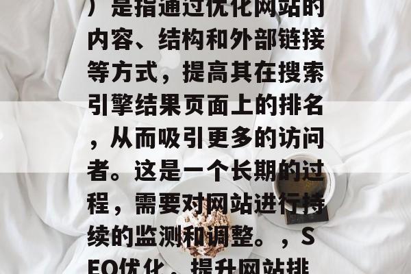 SEO(搜索引擎优化)是指通过优化网站的内容、结构和外部链接等方式,提高其在搜索引擎结果页面上的排名,从而吸引更多的访问者。这是一个长期的过程,需要对网站进行持续的监测和调整。,SEO优化,提升网站排名的关键 SEO(搜索引擎优化)是指通过优化网站的内容、结构和外部链接等方式,提高其在搜索引擎结果页面上的排名,从而吸引更多的访问者。这是一个长期的过程,需要对网站进行持续的监测和调整。,SEO优化,提升网站排名的关键
