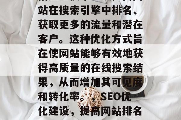 SEO优化网站建设是指通过技术手段提高网站在搜索引擎中排名、获取更多的流量和潜在客户。这种优化方式旨在使网站能够有效地获得高质量的在线搜索结果,从而增加其可见度和转化率。,SEO优化建设,提高网站排名、流量和转化率的关键策略 SEO优化网站建设是指通过技术手段提高网站在搜索引擎中排名、获取更多的流量和潜在客户。这种优化方式旨在使网站能够有效地获得高质量的在线搜索结果,从而增加其可见度和转化率。,SEO优化建设,提高网站排名、流量和转化率的关键策略
