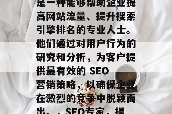 SEO网站优化专家，是一种能够帮助企业提高网站流量、提升搜索引擎排名的专业人士。他们通过对用户行为的研究和分析，为客户提供最有效的 SEO 营销策略，以确保企业在激烈的竞争中脱颖而出。，SEO专家，提高网站流量的实战高手
