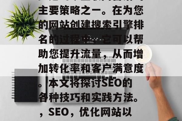 SEO(搜索引擎优化)是当今互联网营销的主要策略之一。在为您的网站创建搜索引擎排名的过程中,它可以帮助您提升流量,从而增加转化率和客户满意度。本文将探讨SEO的各种技巧和实践方法。,SEO,优化网站以提高流量、增加转化率与客户满意度 SEO(搜索引擎优化)是当今互联网营销的主要策略之一。在为您的网站创建搜索引擎排名的过程中,它可以帮助您提升流量,从而增加转化率和客户满意度。本文将探讨SEO的各种技巧和实践方法。,SEO,优化网站以提高流量、增加转化率与客户满意度