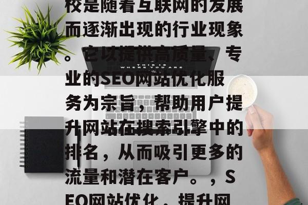 SEO网站优化培训学校是随着互联网的发展而逐渐出现的行业现象。它以提供高质量、专业的SEO网站优化服务为宗旨,帮助用户提升网站在搜索引擎中的排名,从而吸引更多的流量和潜在客户。,SEO网站优化,提升网站排名的专业培训机构 SEO网站优化培训学校是随着互联网的发展而逐渐出现的行业现象。它以提供高质量、专业的SEO网站优化服务为宗旨,帮助用户提升网站在搜索引擎中的排名,从而吸引更多的流量和潜在客户。,SEO网站优化,提升网站排名的专业培训机构