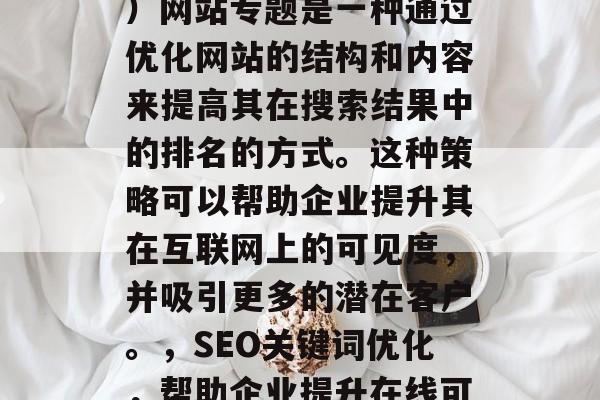 SEO（搜索引擎优化）网站专题是一种通过优化网站的结构和内容来提高其在搜索结果中的排名的方式。这种策略可以帮助企业提升其在互联网上的可见度，并吸引更多的潜在客户。，SEO关键词优化，帮助企业提升在线可见度并吸引更多流量