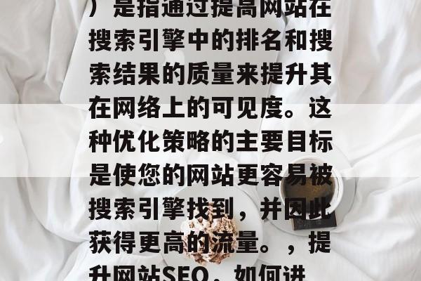 SEO（搜索引擎优化）是指通过提高网站在搜索引擎中的排名和搜索结果的质量来提升其在网络上的可见度。这种优化策略的主要目标是使您的网站更容易被搜索引擎找到，并因此获得更高的流量。，提升网站SEO，如何进行优化以提高可见度