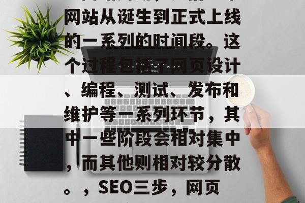 SEO（搜索引擎优化）网站周期，是指一个网站从诞生到正式上线的一系列的时间段。这个过程包括了网页设计、编程、测试、发布和维护等一系列环节，其中一些阶段会相对集中，而其他则相对较分散。，SEO三步，网页设计->编程->测试与发布->维护