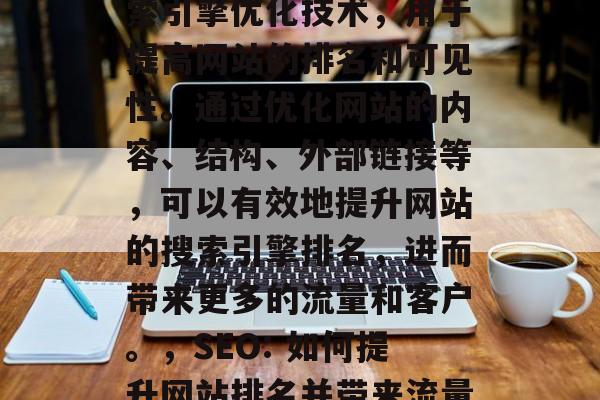 SEO 是一种在线搜索引擎优化技术,用于提高网站的排名和可见性。通过优化网站的内容、结构、外部链接等,可以有效地提升网站的搜索引擎排名,进而带来更多的流量和客户。,SEO: 如何提升网站排名并带来流量? SEO 是一种在线搜索引擎优化技术,用于提高网站的排名和可见性。通过优化网站的内容、结构、外部链接等,可以有效地提升网站的搜索引擎排名,进而带来更多的流量和客户。,SEO: 如何提升网站排名并带来流量?
