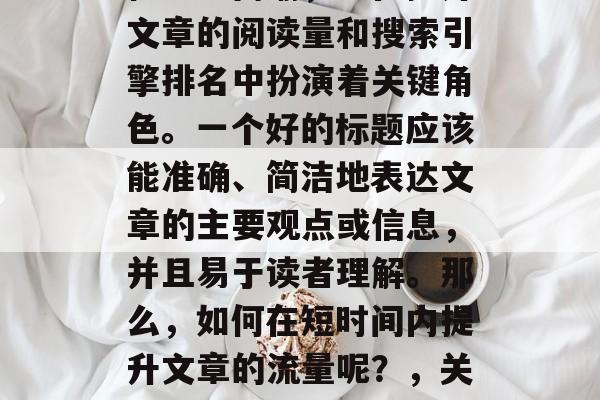 提升流量,标题的重要性不言而喻,它在提升文章的阅读量和搜索引擎排名中扮演着关键角色。一个好的标题应该能准确、简洁地表达文章的主要观点或信息,并且易于读者理解。那么,如何在短时间内提升文章的流量呢?,关键词优化,快速提升文章流量的方法 提升流量,标题的重要性不言而喻,它在提升文章的阅读量和搜索引擎排名中扮演着关键角色。一个好的标题应该能准确、简洁地表达文章的主要观点或信息,并且易于读者理解。那么,如何在短时间内提升文章的流量呢?,关键词优化,快速提升文章流量的方法
