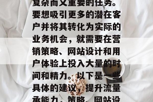 提升流量承能力是一项复杂而又重要的任务。要想吸引更多的潜在客户并将其转化为实际的业务机会,就需要在营销策略、网站设计和用户体验上投入大量的时间和精力。以下是一些具体的建议,提升流量承能力,策略、网站设计与用户体验优化 提升流量承能力是一项复杂而又重要的任务。要想吸引更多的潜在客户并将其转化为实际的业务机会,就需要在营销策略、网站设计和用户体验上投入大量的时间和精力。以下是一些具体的建议,提升流量承能力,策略、网站设计与用户体验优化